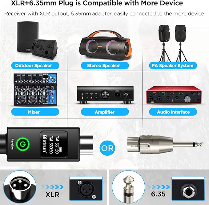 Bietrun XLR Wireless Microphone, UHF Dual Handheld Dynamic Metal Mic Set with Rechargeable Receiver, XLR to 1/4'' Adapter, for Karaoke, Church, Wedding, Party Singing(160 ft Range)(Auto Connect)