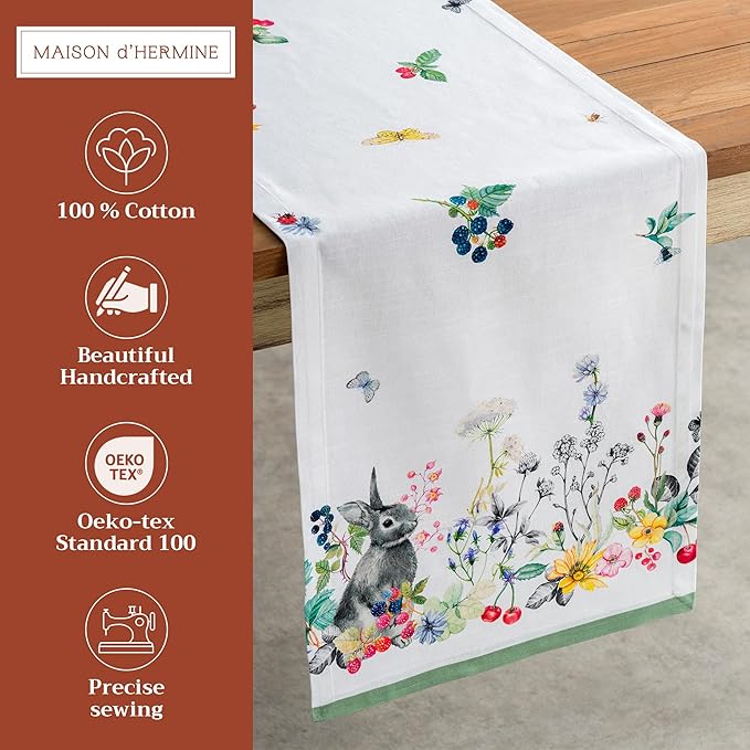 Maison d' Hermine Table Runner 100% Cotton Single Layer Table Runners 108 inches Long Decorative for Kitchen Dining Party Baby Shower Wedding Bridal Shower Spring Summer (Printemps, 14.50" x 108")