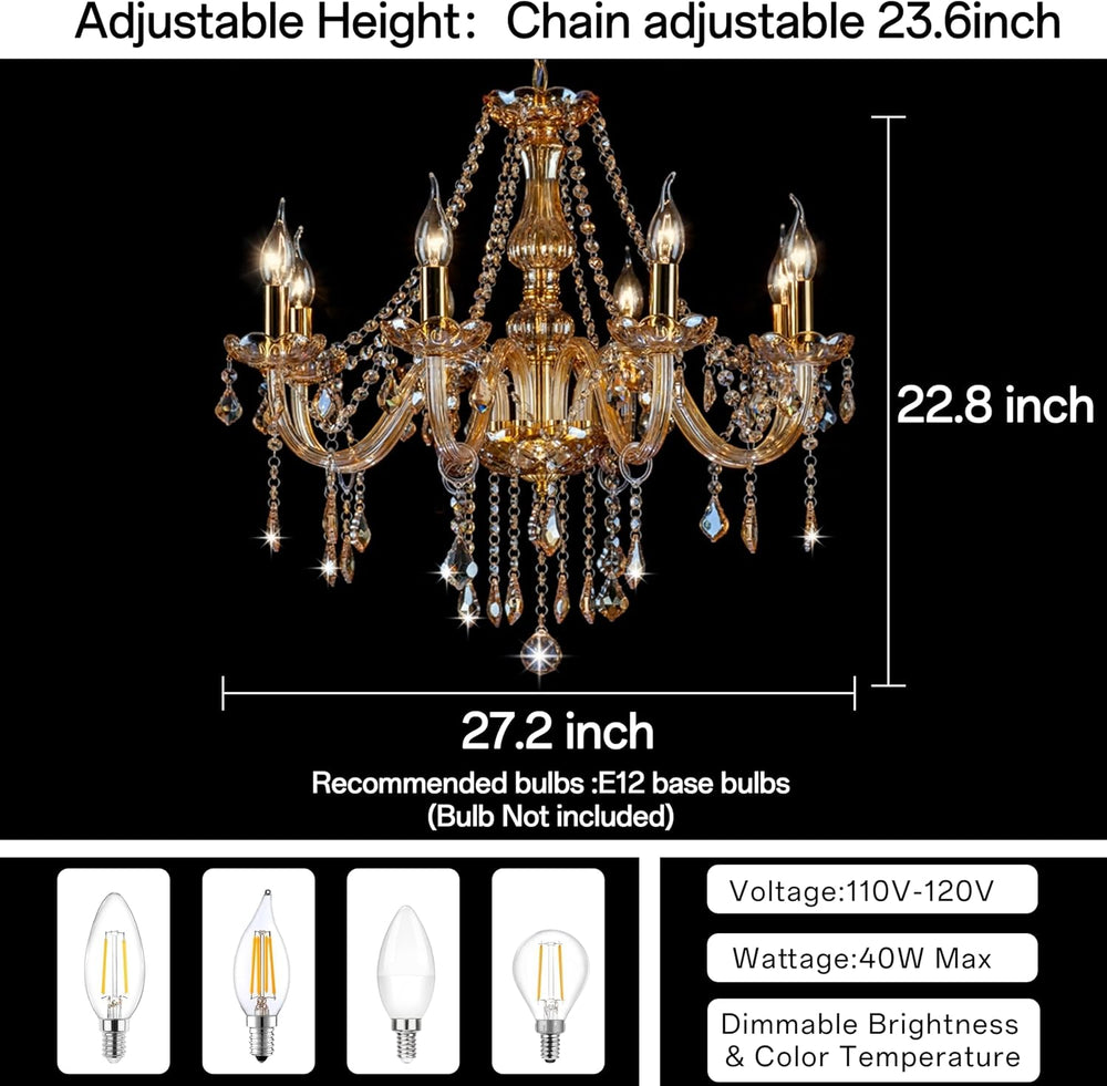 Champagne 8 Lights K9 Crystal Candle Chandeliers Lighting Candle Chandelier L...