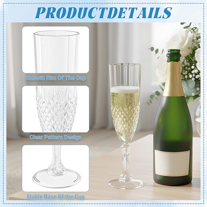 Plastic Champagne Flutes, 48PCS Transparent White Wine Glasses Goblets Cups Shatterproof Reusable Flute for Weddings Bachelor Parties Toasting and Events(48, Transparent)