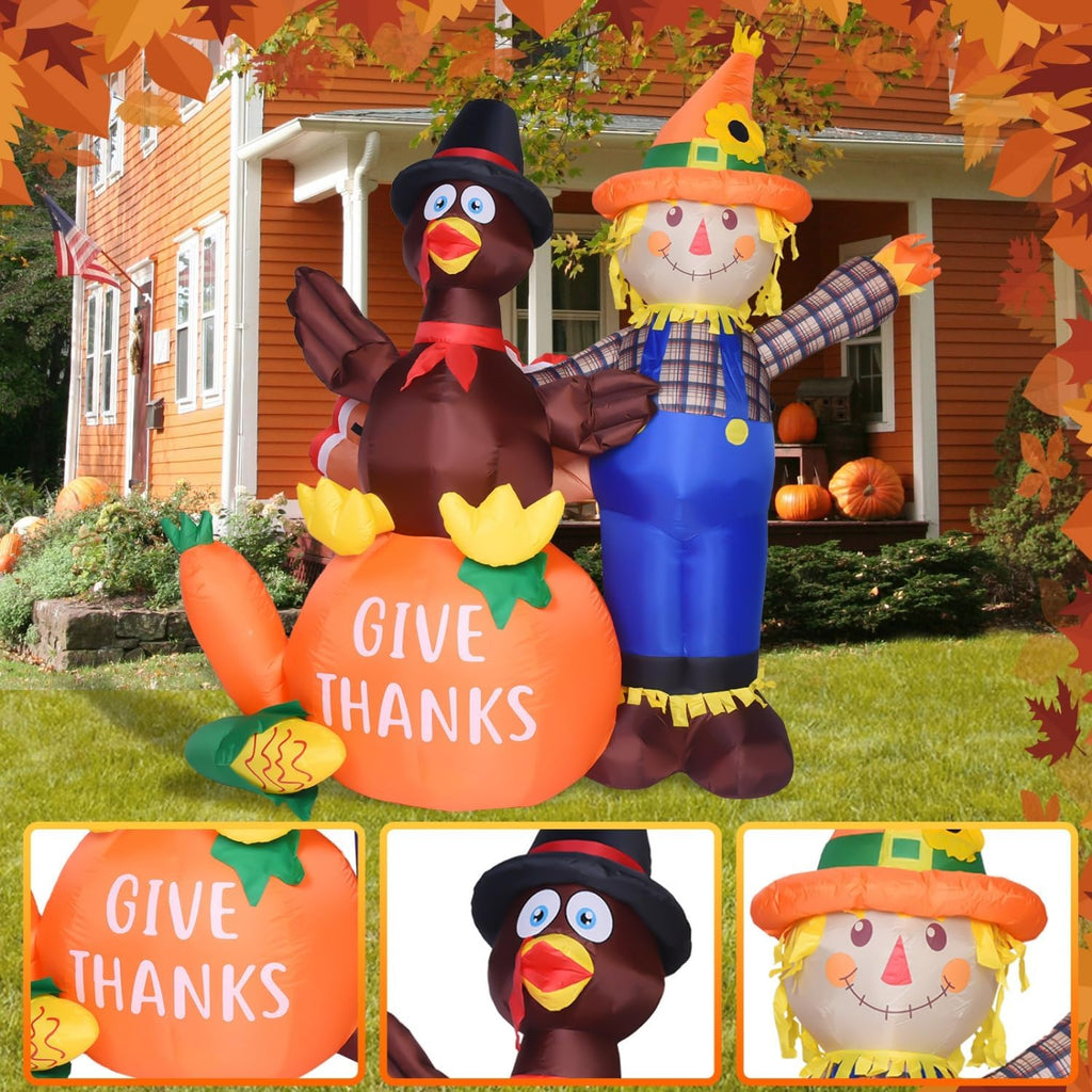 6 ft thanksgiving inflatables turkey and scarecrow decor showing dimensions