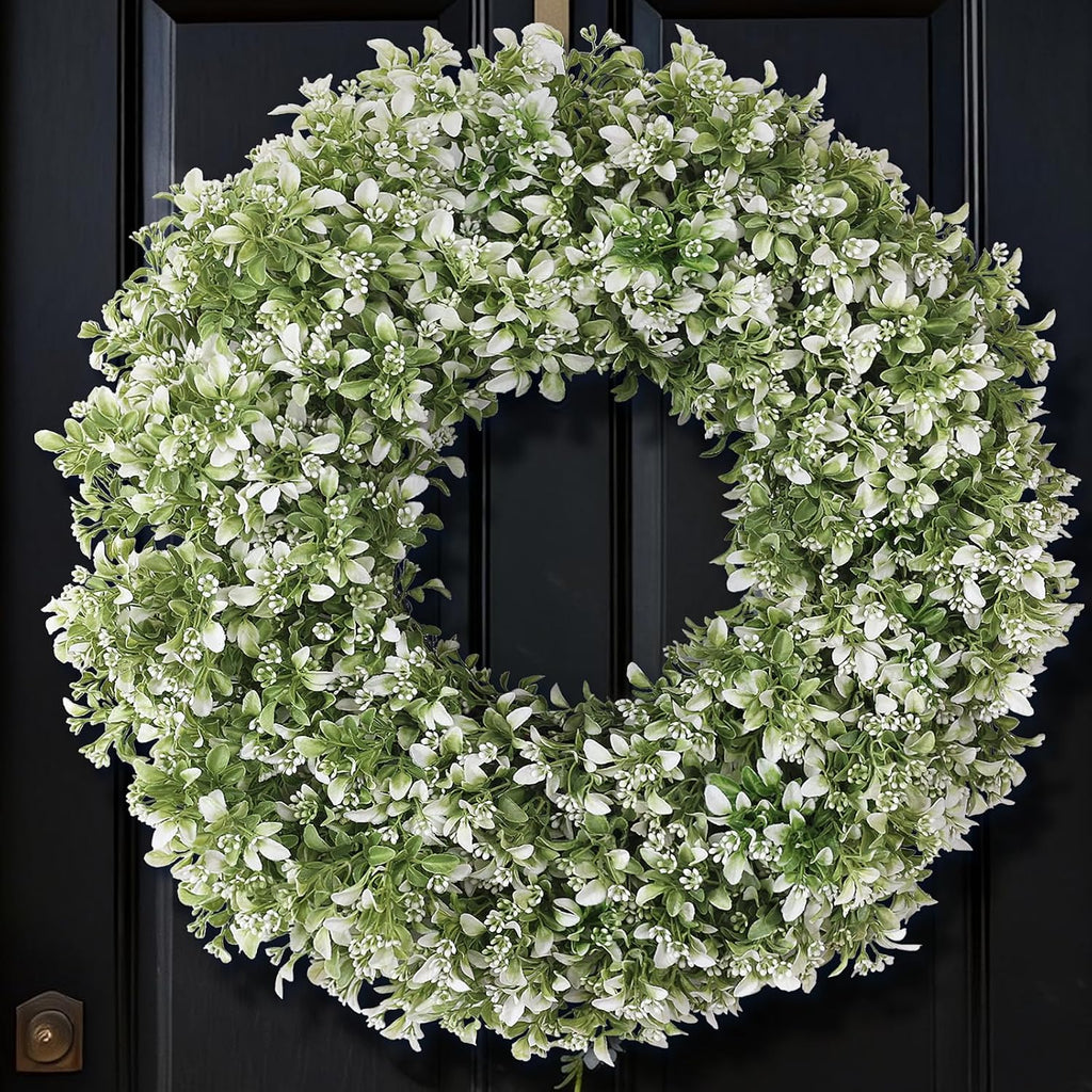 26" Large Artificial Boxwood Wreath for Front Door Decoration (White-Green)