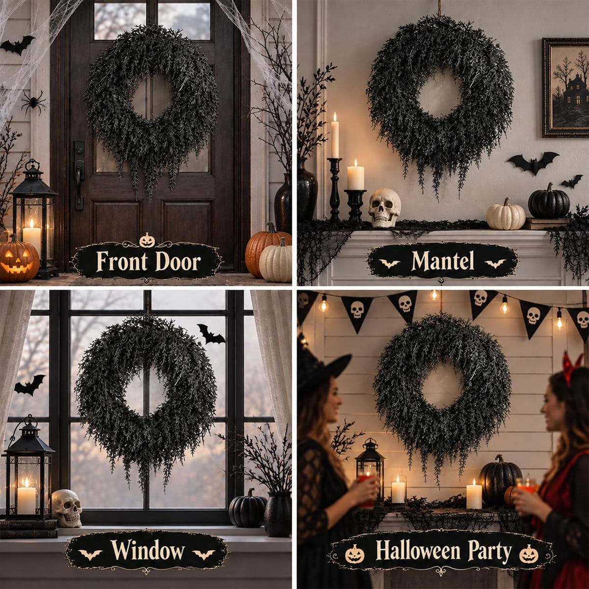 yunlly 25" dark green halloween wreath for front showing dimensions