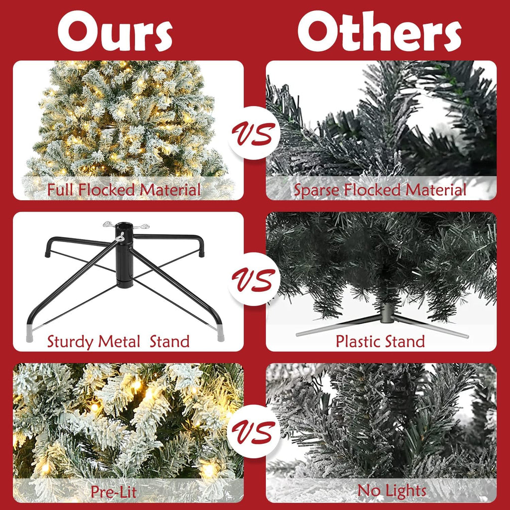 Okicoler 6.5ft Pre-Lit Snow Flocked Artificial Christmas Pine Tree with ELD Lights and Metal Base Stand for Home, Office, Party,Xmas Decoration,White (6.5ft)