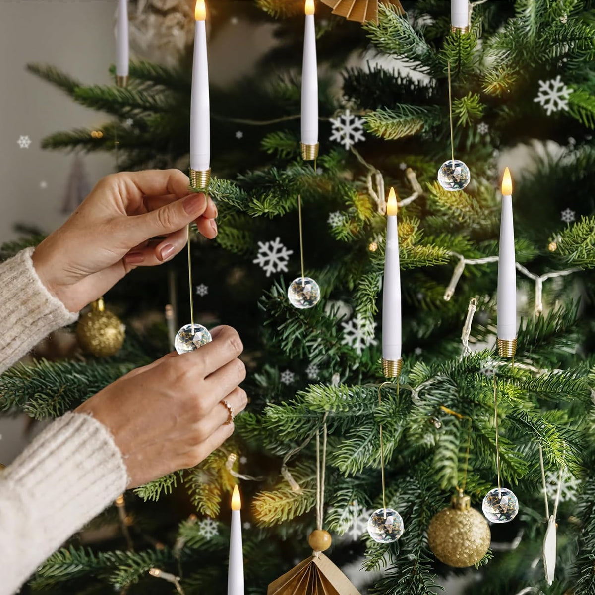 Yeelida Pack of 12 Flickering Remote 0.5" x6" LED Short Taper Candles with 12 Crystal Ball Hooks, Battery Operated Timer Window White Plastic Flameless Warm Light Candlesticks for Holiday Decor