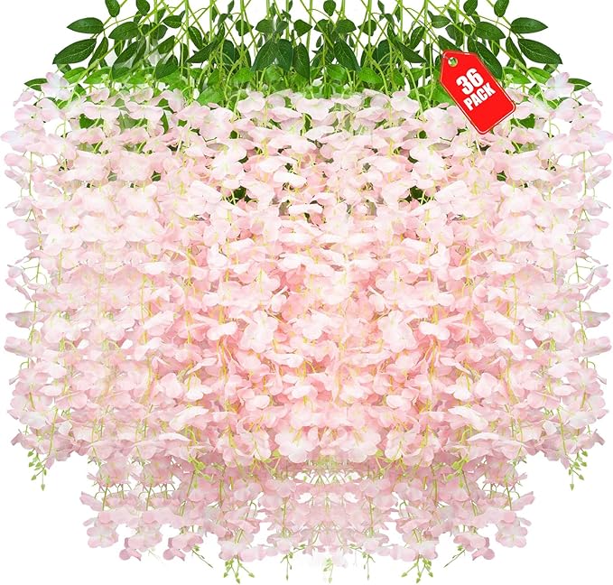 36 Pack Light Pink Wisteria Hanging Flowers, 3.44 Ft Fake Hanging Flowers, Artificial Wisteria Garland Vines for Wedding Room Backdrop Outdoor Patio Garden Decoration