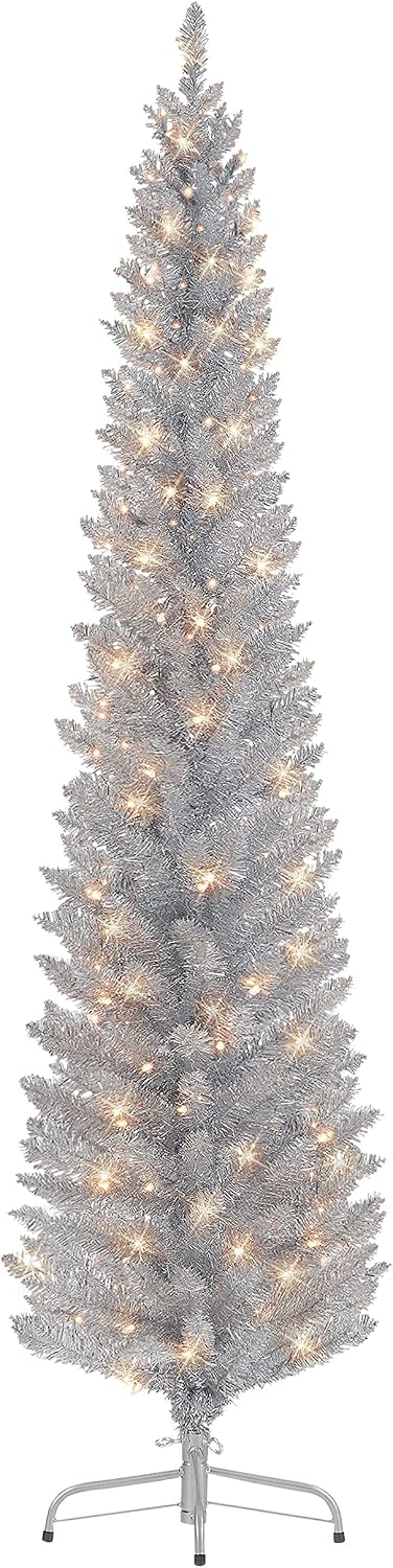 Puleo International 7 ft Pre-Lit Silver Tinsel Artificial Tree 316 Tips 150 C...
