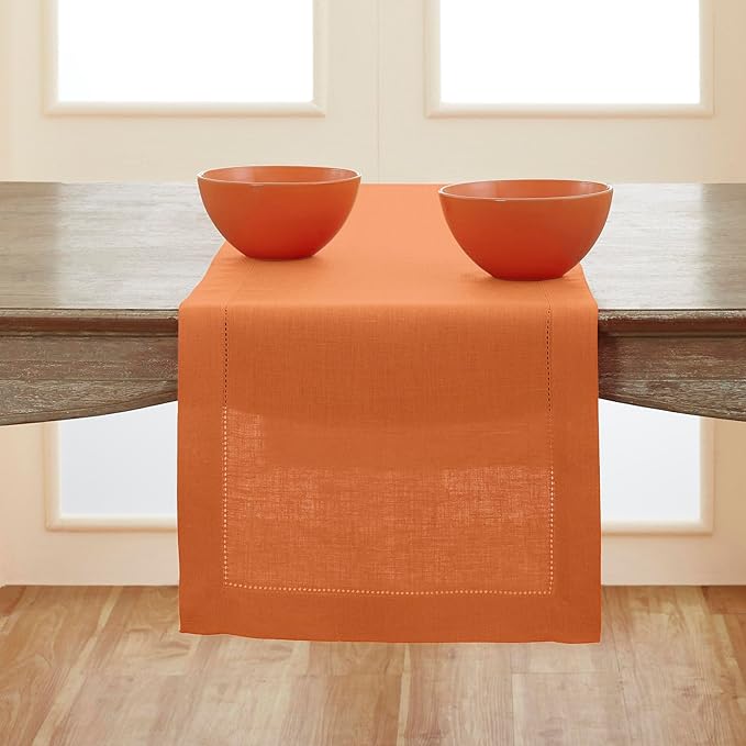 Solino Home Linen Pumpkin Table Runner 144 Inches Long - 100% Pure Linen Extra Long Table Runner 14 x 144 Inch - Classic Hemstitch - Fall, Autumn, Halloween, Thanksgiving, Holiday