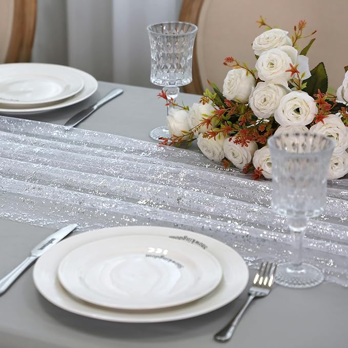 Snowkingdom 6 Pcs 10 FT Silver White Cheesecloth Table Runner Sheer Chiffon Gauze Runner, Sequin Glitter Silver Table Decoration Centerpieces for Wedding Birthday Christmas Bridal Baby Shower