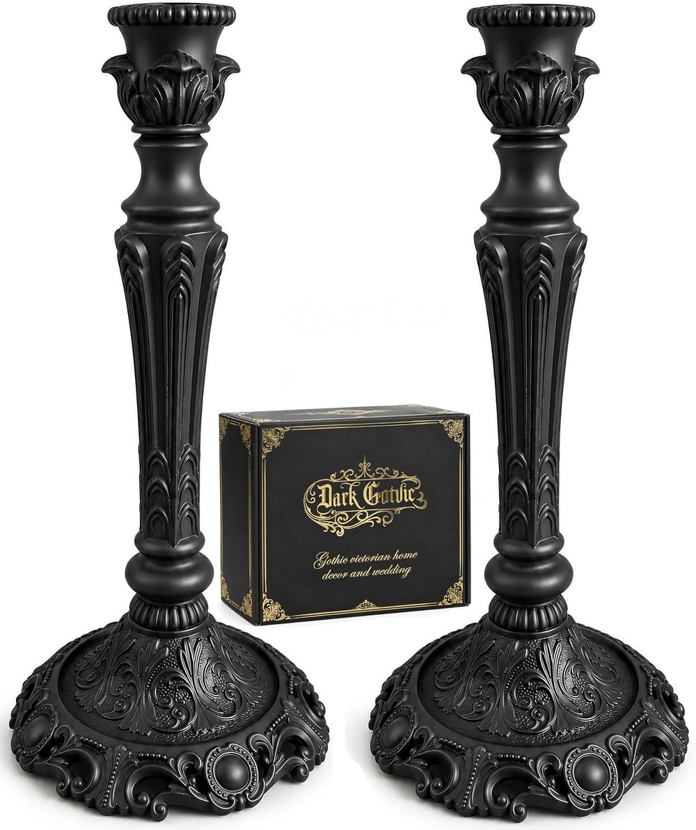 Gothic Victorian Candlesticks Set of 2, Black Metal Taper Candle Holders