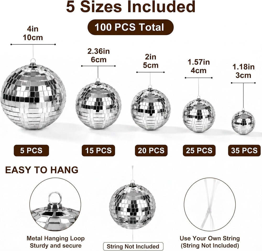 Funtery 100 Pcs Disco Balls Bulk Silver,1.2'',1.6'',2'...