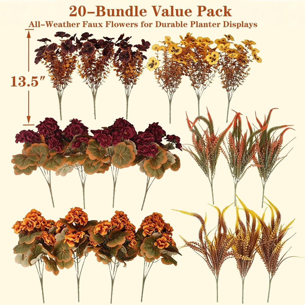 Grunyia 20Pcs Artificial Fall Flowers UV Resistant Outdoor Outside Decor