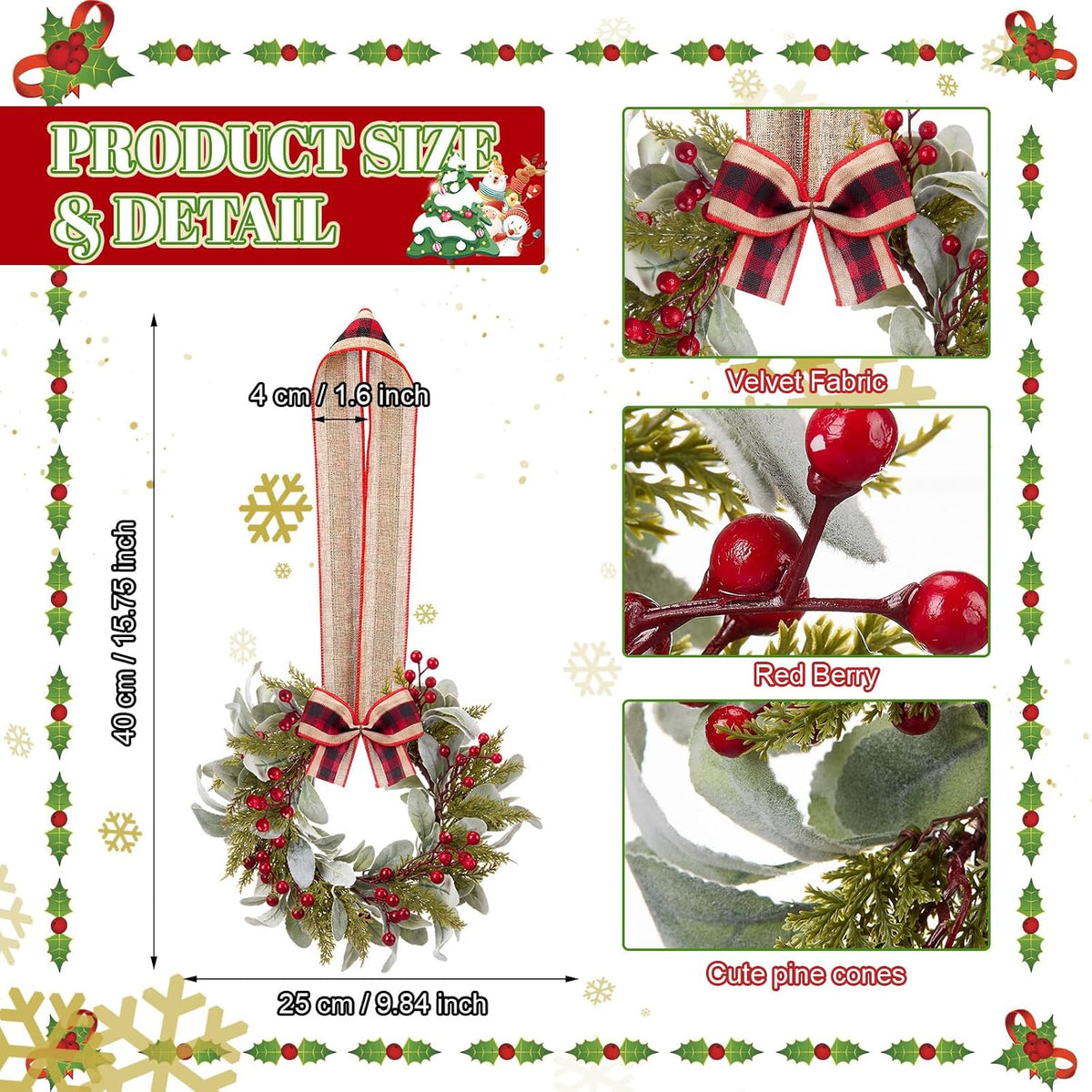 9.8" small red black christmas wreath with ribbon, side view