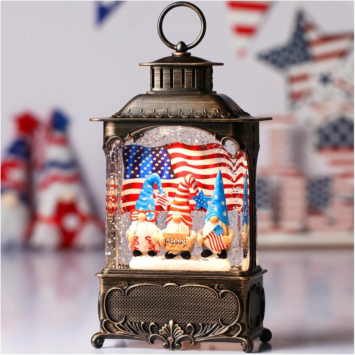 Priddop Gnome Snow Globe Lantern 4th of July Decorations with Timer, USB and Battery Powered 4th of July Shirts Patriotic Gnomes and American Flag Independence Day 10.2 inch