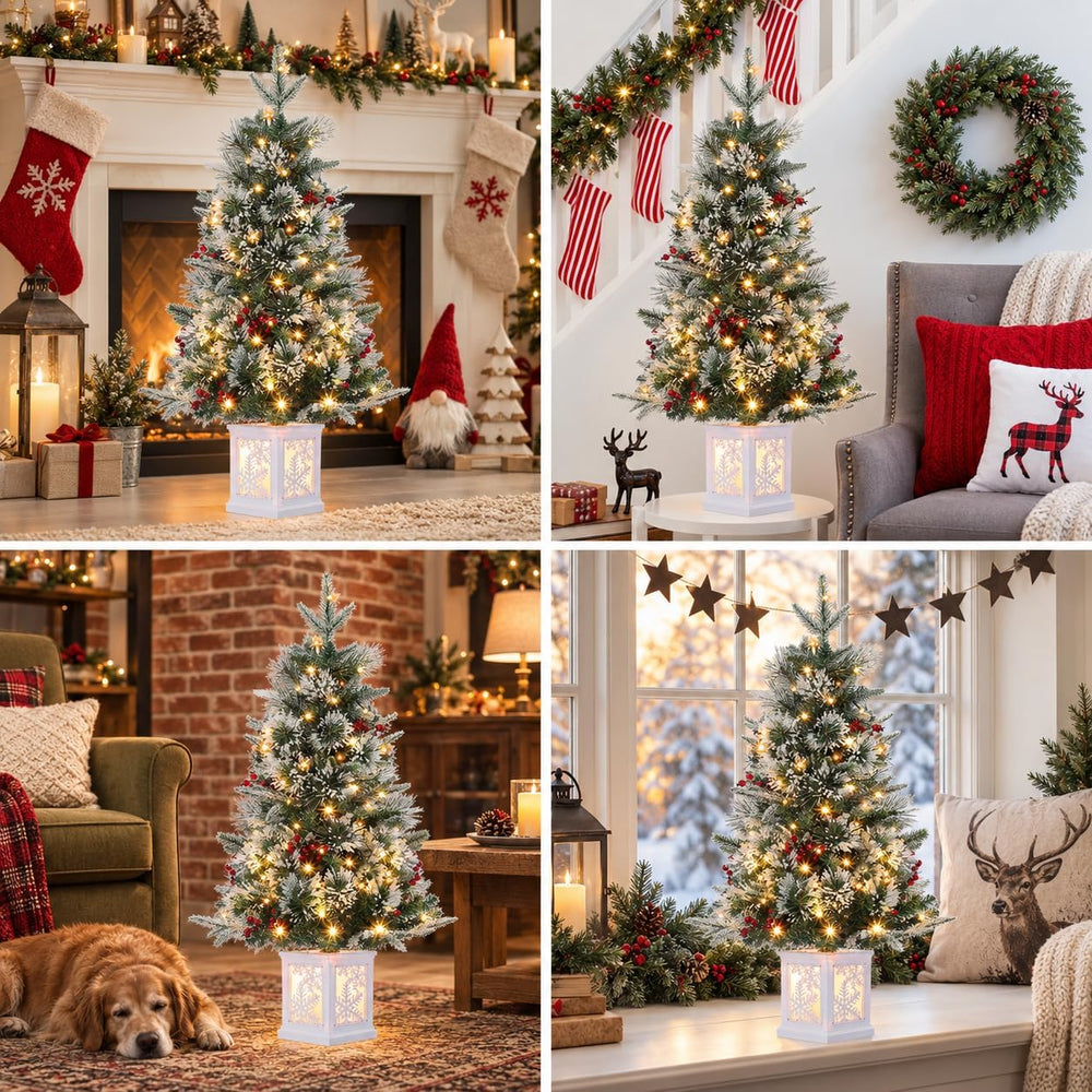 3 Ft Pre-Lit Christmas Tree, Artificial Christmas Tree with Base, Xmas Tree w...