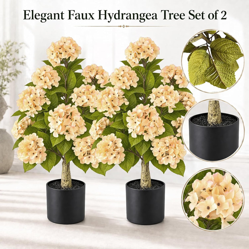 artificial hydrangea flowers tree in pot fall porch, close-up detail