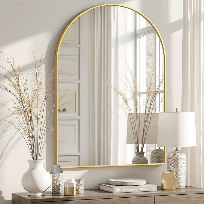 Arched Bathroom Mirror for Wall, Mirror for Vanity,38''x26'' Large Wall Mounted Mirror, Metal Frame (38''x26'', Gold)