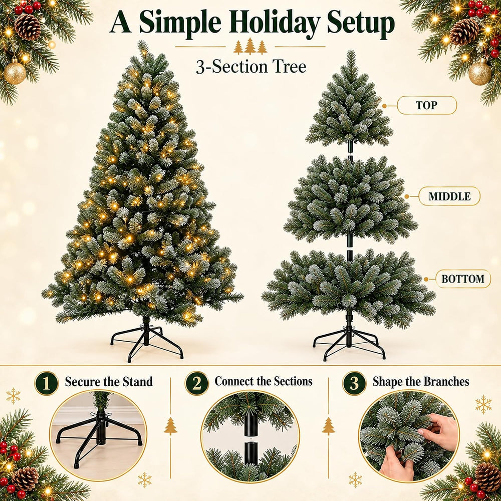6FT Pre-Lit Frosted Artificial Christmas Tree with 250 Warm White LED Lights,...