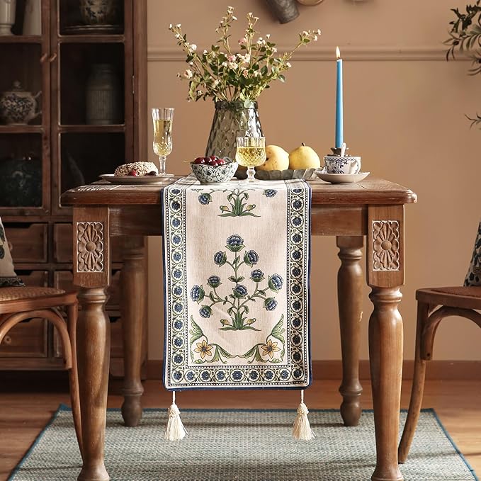 patdrea Designer Blue Rustic Elegant Floral Patterned Linen Table Runner 87 Inch Long,Wrinkle Resistant Table Mat,Decoration for Kitchen Dining and Coffee Tables Banquet Christmas , 12"x87"
