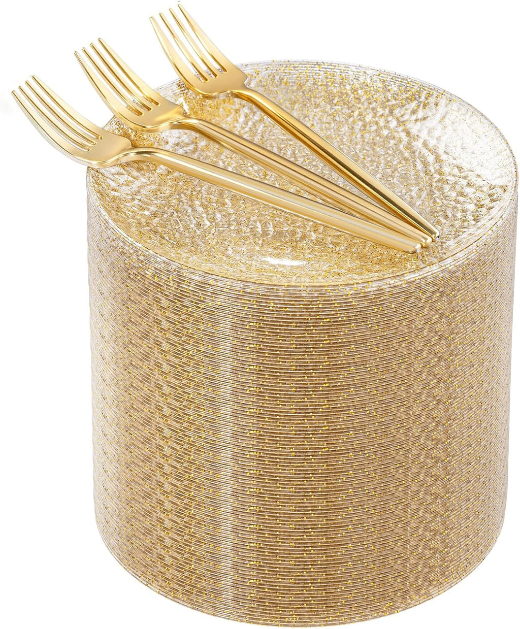 Rubtlamp 200pcs Gold Glitter Plastic Dessert Plates, Hammered 6 Inch Small Plates, Heavy Duty Appetizer Plate with 100 Gold Small Forks, Fancy Cake Snack Plate for Birthday Wedding Teatime