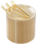 Rubtlamp 200pcs Gold Glitter Plastic Dessert Plates, Hammered 6 Inch Small Plates, Heavy Duty Appetizer Plate with 100 Gold Small Forks, Fancy Cake Snack Plate for Birthday Wedding Teatime