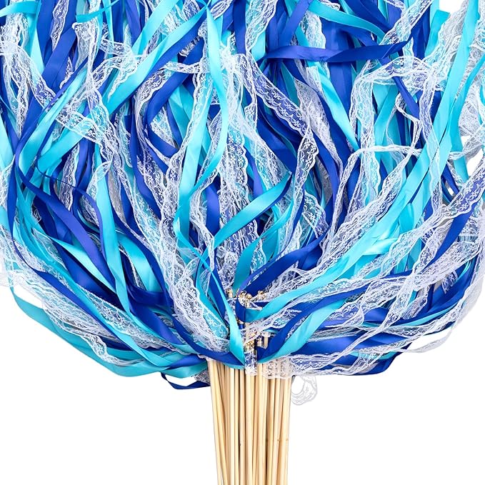 Taiyin 150 Pcs Lace Ribbon Stick Wands Wedding Wand Streamers with Bell Silk Ribbon Fairy Wand Wedding Send Off Streamer for Baby Shower Holiday Party Favors(Dark Blue,Light Blue)