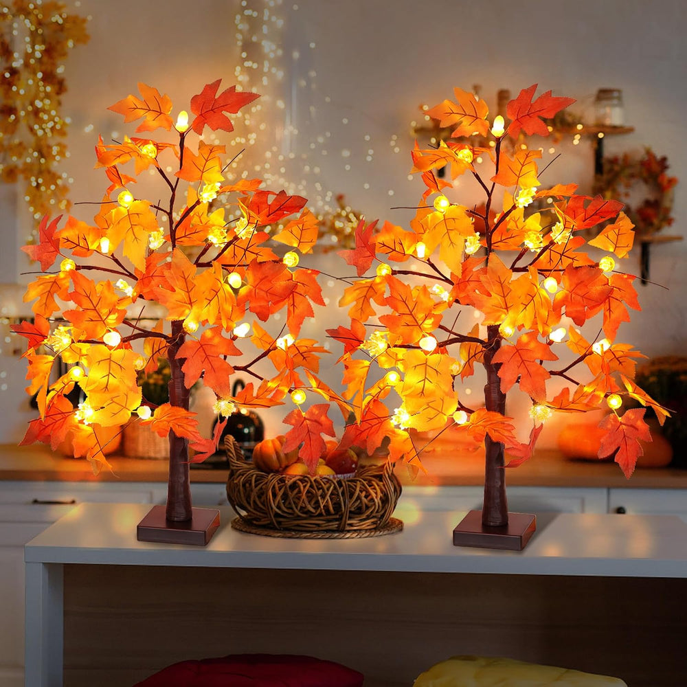 2 Pack 24 Inch Fall Maple Tree with 48LED Thanksgiving Table Decorations Batt...