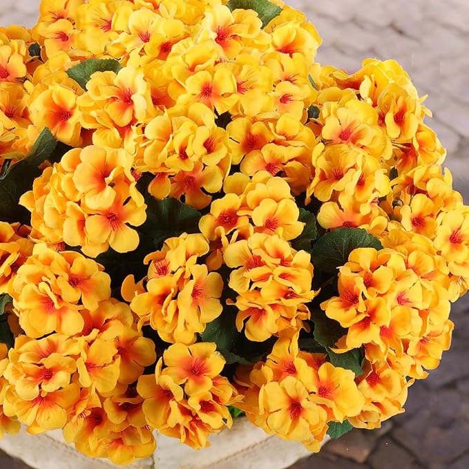 Hananona Artificial Geranium Flowers for Outdoors Geranium Silk Flowers Outdoor UV Resistant Garden Plants Faux Flowers for Home Kitchen Table Centerpieces Decor (12, Yellow) (12 Pcs)