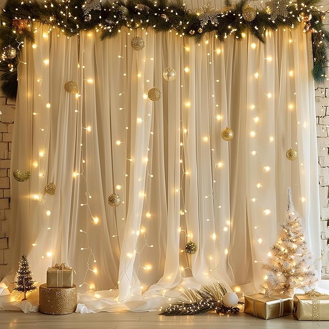 Fomcet Champagne Tulle Backdrop Curtains with Lights String 10FT X 10FT Sheer Curtain with Lights Tulle Curtains Backdrop for Wedding Birthday Party Photo Shoot (2 Panels 5x10FT)