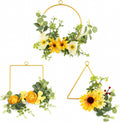 3 Pack 18 Inch Artificial Sunflower Wreath with Burlap Bow, Summer Front Door Wreath for Farmhouse Porch Wall Decor