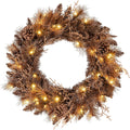 Goplus 24 Inch Pre-Lit Christmas Wreath, Battery Operated Lighted Artificial Winter Xmas Wreaths for Front Door with 105 Branch Tips, 35 Warm White LED Lights, Pine Cones, Windows Wall Mantel Decor