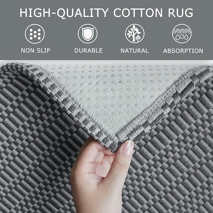 KOZYFLY Washable Area Rug 2x3 Ft Small Entryway Rug Indoor Door Mat Throw Rugs with Rubber Backing, Braided Cotton Floor Carpet for Front Entrance Bathroom Kitchen Foyer, Grey/Charcoal Grey