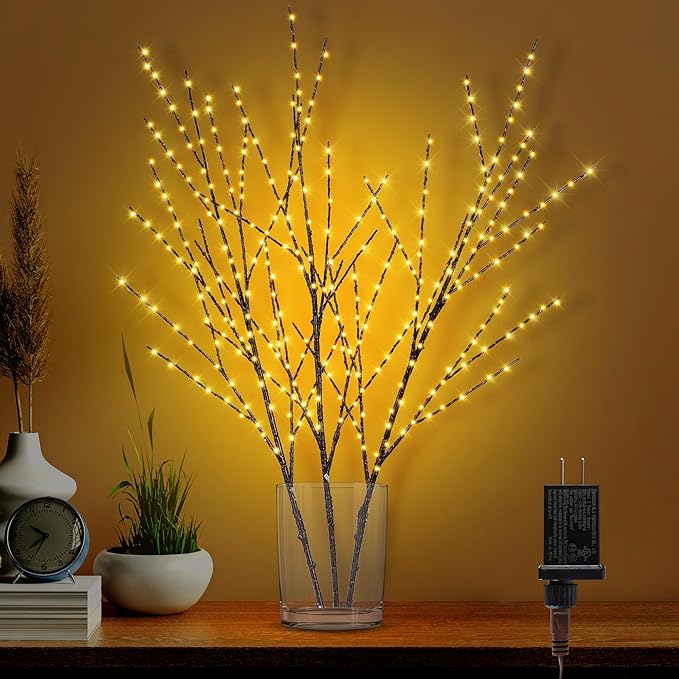 33in Lighted Branches with 180 LED Lights, Twinkling Light Up Tree with Timer, DIY Flexible Lighted Branches for Home Décor, Bedroom, Wedding, Party