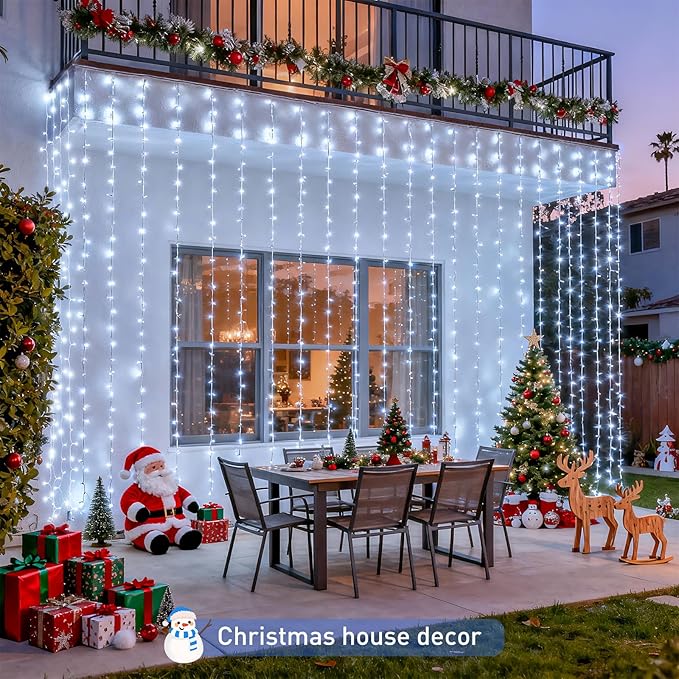 JMEXSUSS 900LED Christmas Curtain Lights Outdoor with Remote, 9.5x29.5ft White Christmas Lights Indoor Plug in, Hanging String Lights for Bedroom Wedding Backdrop Wall Window Xmas Decoration