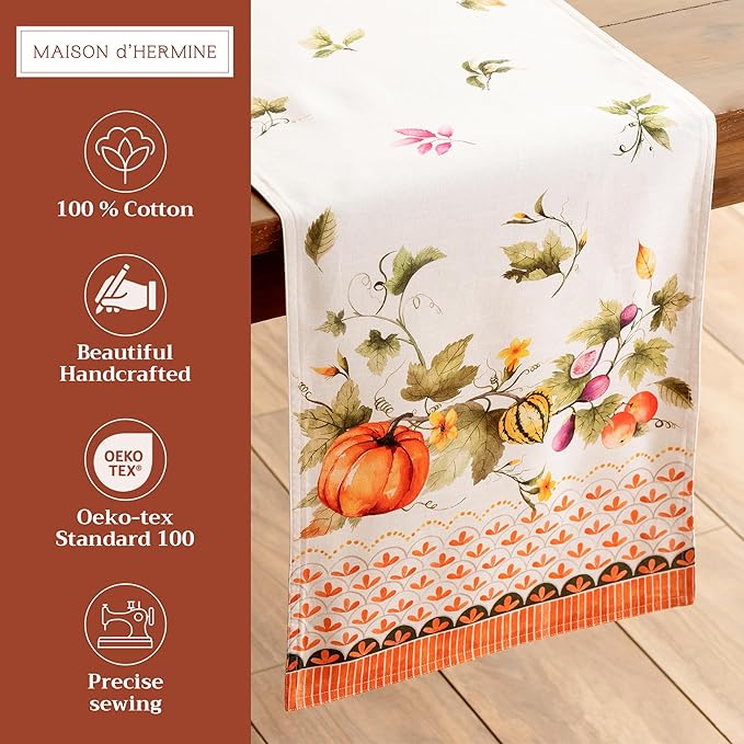 Maison d' Hermine Table Runner 100% Cotton Double Layer Table Runners 108 inches Long for Thanksgiving Christmas Decorations Home Kitchen Dining Wedding (Pumpkin Garden - Cloudy Cream, 14.5" x 108")