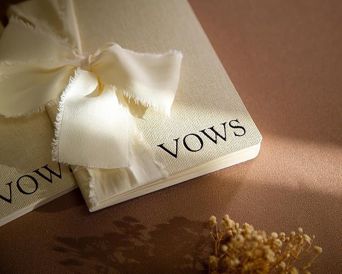 Cream Embossed Slim Vow Books w/Ribbon (Set of 2) - 5.625 x 4 Minimalist Pocket Sized Wedding Ceremony Vow Renewal Speech Notebook Journal