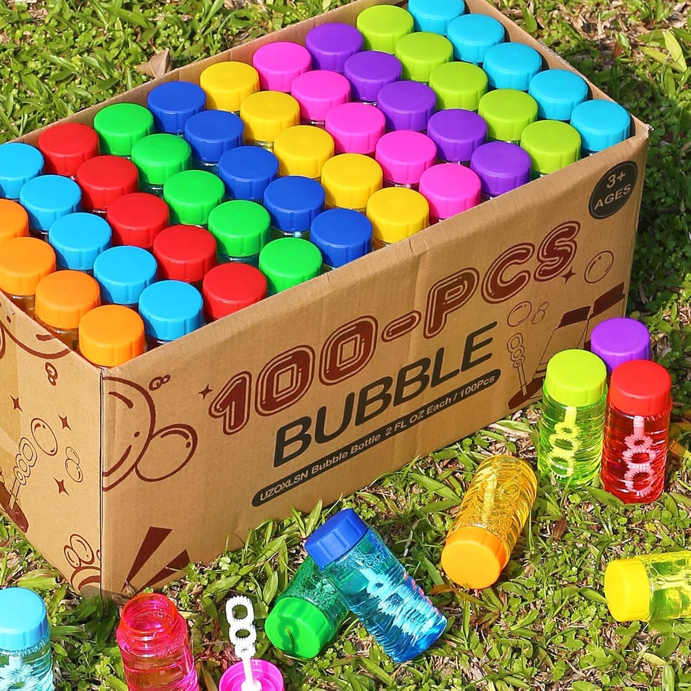 100 Pack 10 Neon Color Bubble Bottles Bulk, Wand Attached Cap Party Favor