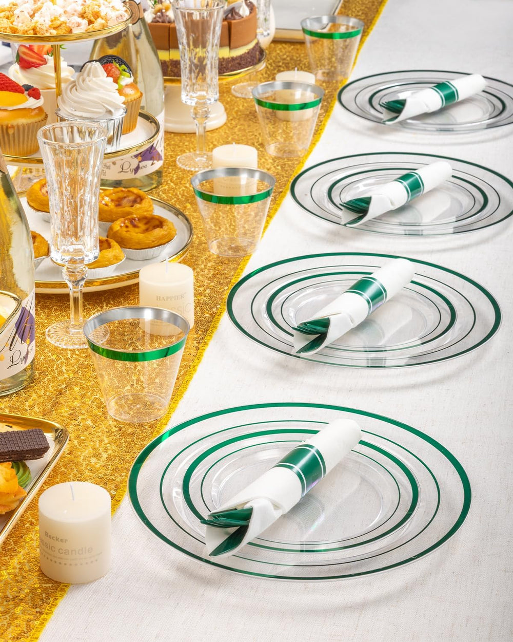 350 Pcs Clear Green Disposable Plastic Plates, Dinnerware Sets