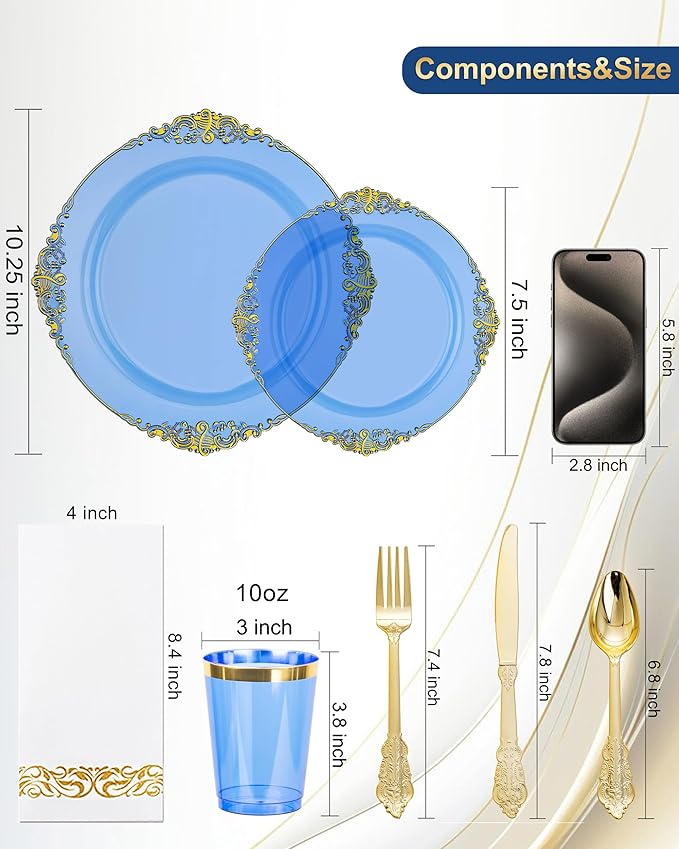 Nervure 350PCS Blue Plastic Plates - Blue Plastic Dinnerware Sets for 50 Guests - 100 Disposable Plates, 150 Gold Silverware, 50 Cups, 50 Napkins for Wedding & Party & Thanksgiving Day