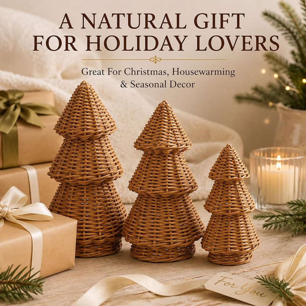 MiniInflat 3 Pcs Woven Rattan Christmas Tree Decor, Classic Weave, Burlywood