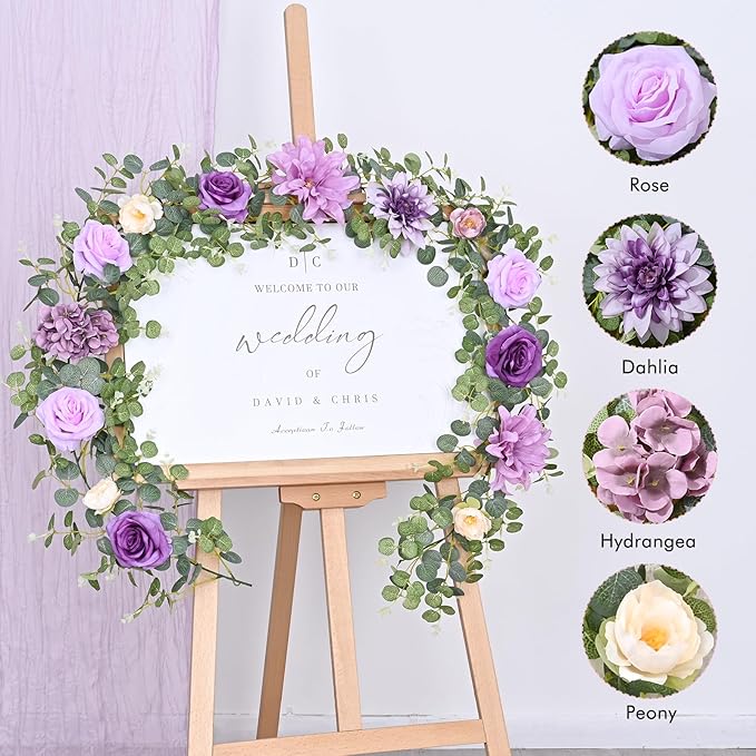 Waipfaru 2 Pcs Flower Garland, 6.07Ft Eucalyptus With Flowers, Rose Floral Vines for Wedding Reception Table Mantle Room Spring Summer Decor (Purple)
