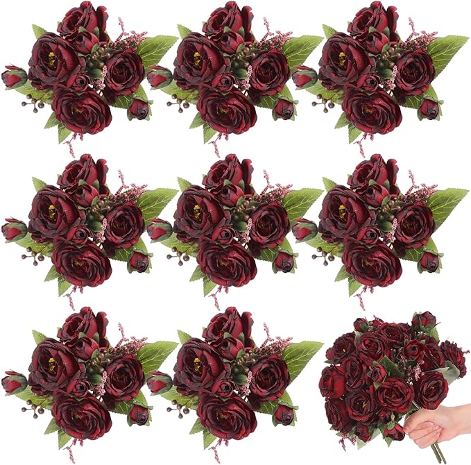8 Bundles Artificial Peonies Flowers Boho Faux Flowers Arrangements Artificial Centerpiece Spring Bouquet Floral Wedding Decoration for Vase(Burgundy)