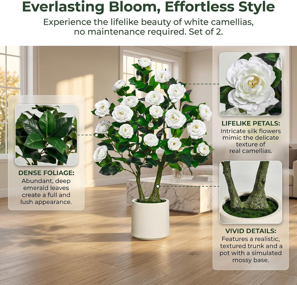 artificial camellia tree, 3ft fake tree with white, side view