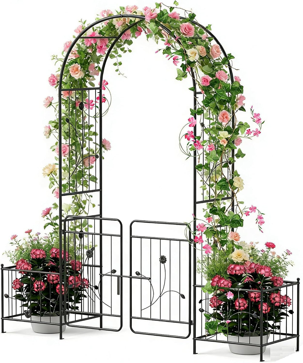 COSTWAY 86" 3-in-1 Garden Arch with Lockable Gate & 2 Side Planters,...
