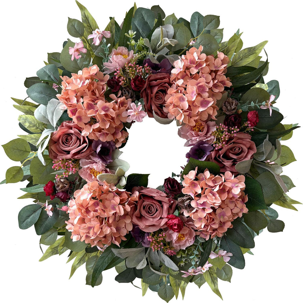 WANNA-CUL 24 Inch Pink Hydrangea Spring Wreath for Front Door