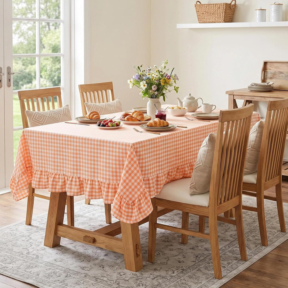 Eternal Beauty Gingham Ruffled Tablecloth Orange White 60x102 Thanksgiving