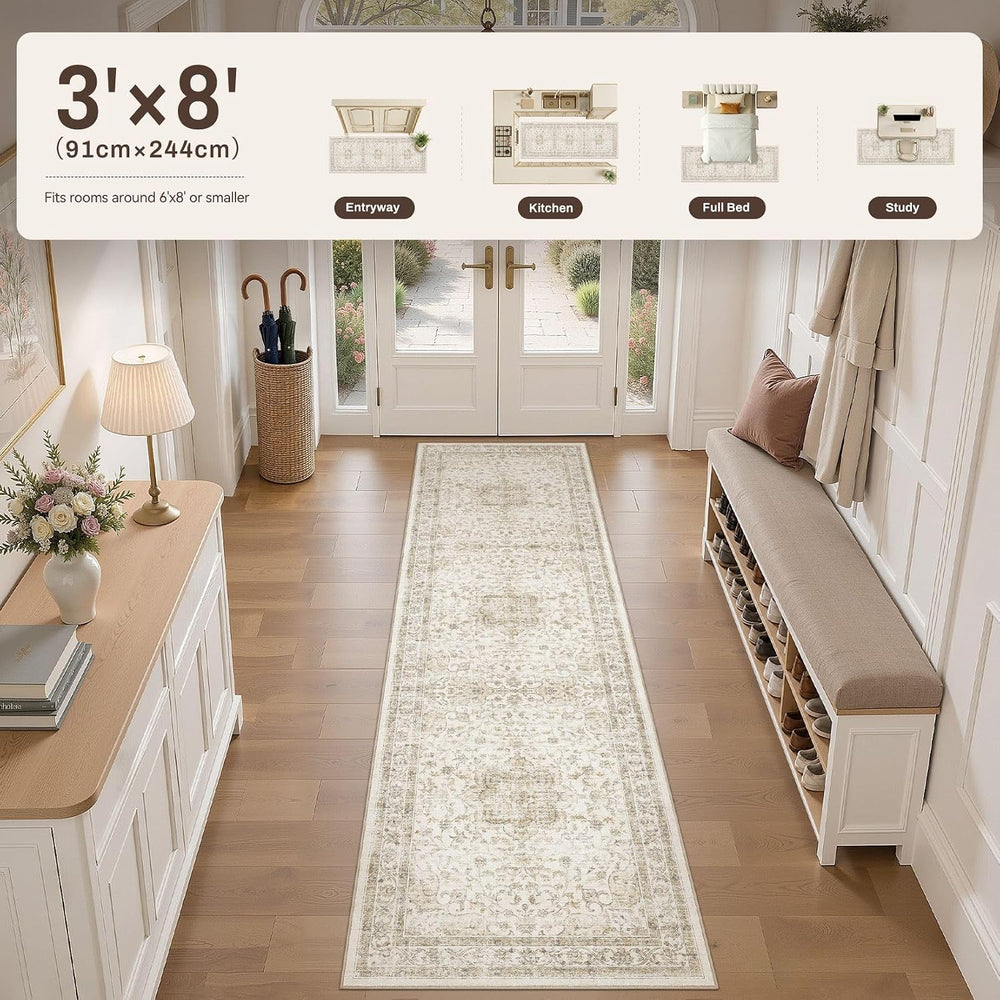 Washable 3x8 Runner Rug: Non Slip Soft Vintage Beige Entry Area Rug