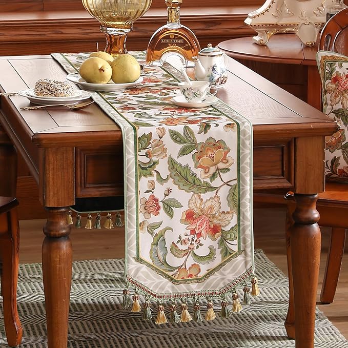 patdrea Designer Elegant French Floral Velvet Table Runner, Fresh Green with Orange Blossoms Pattern Table Mat, Decoration for Kitchen Dining Coffee Table Cabinet Banquet Thanksgiving,12"*102"