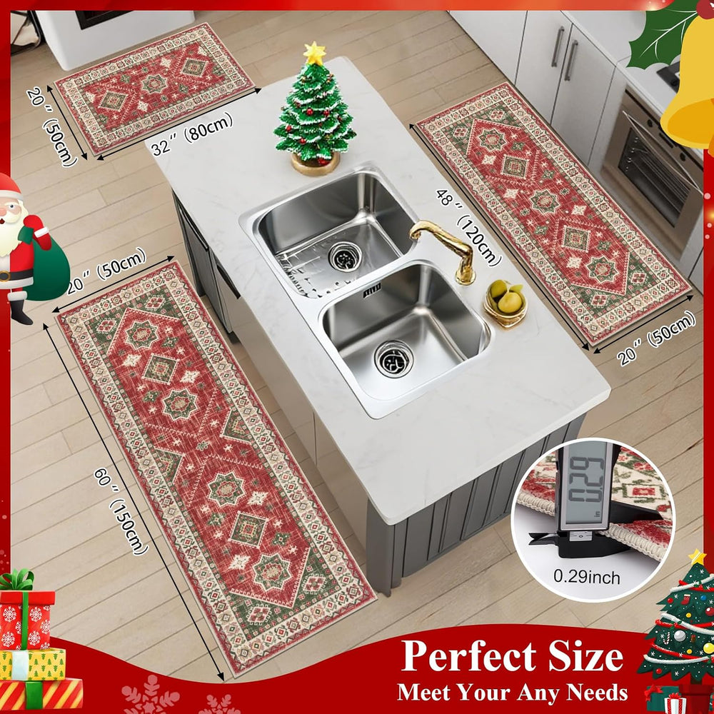 HEBE Christmas Kitchen Rugs Set of 3, Red Washable Kitchen Mats for Floor
