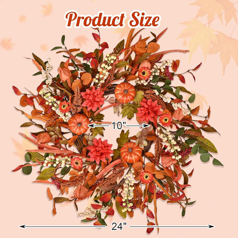 24 Inch Pumpkin Fall Wreath for Front Door with Berry & Mixed Leaves